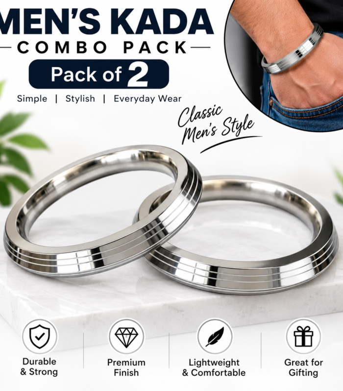 Men's Silver Stainless Steel Kada Combo Pack of 2