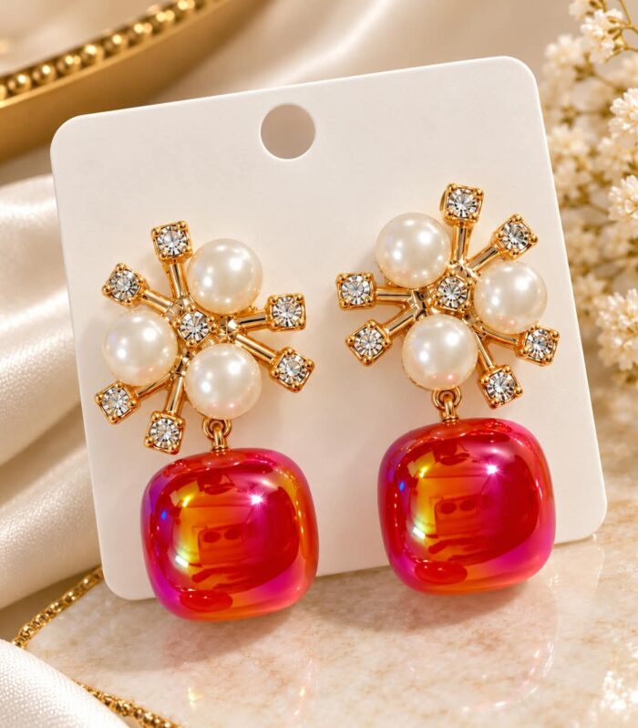 Red Pearl & Crystal Drop Earrings | Elegant Gold-Plated Statement Earrings for Women
