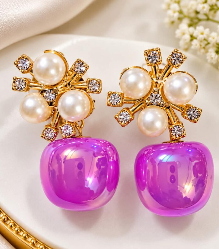 Purple Pearl Crystal Drop Earrings for Women | Warsi Studio