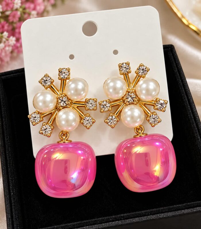 Pink Pearl Crystal Drop Earrings for Women | Warsi Studio