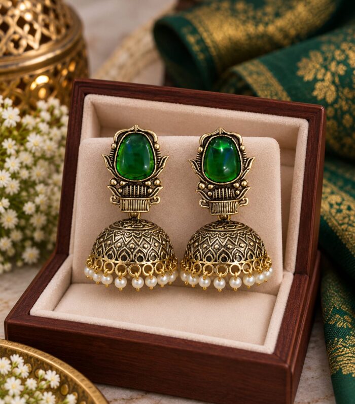 Green Stone Oxidized Jhumka Earrings with Pearl Drops | Traditional Indian Earrings for Women