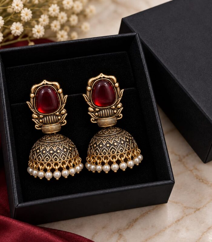 Red Stone Oxidized Jhumka Earrings with Pearl Drops | Traditional Indian Earrings for Women