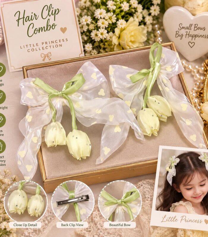 Pastel Green Tulip Bow Hair Clips for Girls | Cute Hair Accessories