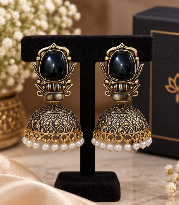 Black Stone Oxidized Jhumka Earrings with Pearl Drops | Traditional Indian Earrings for Women