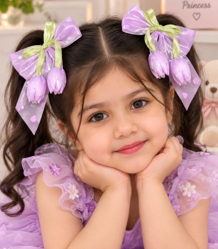 Purple Tulip Bow Hair Clips for Girls | Cute Floral Hair Accessories