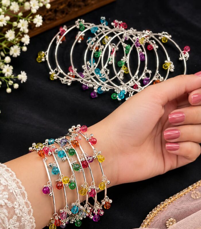 Multicolor Stone Bangles for Women | Silver-Tone Charm Bracelet Set