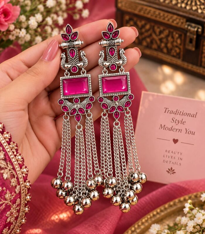 Pink Stone Oxidized Jhumka Earrings | Long Tassel Earrings