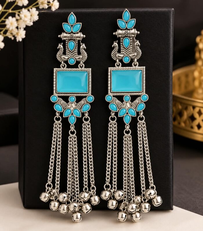 Sky Blue Oxidized Jhumka Earrings with Tassels | Warsi Studio