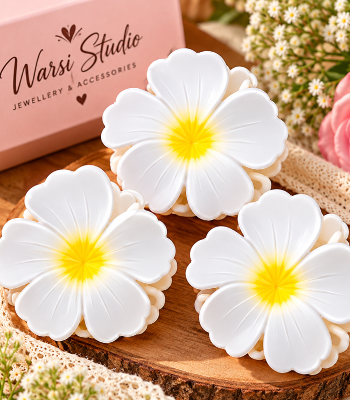 Warsi Studio White Flower Hair Claw Clips for Women & Girls – Combo Set of 3