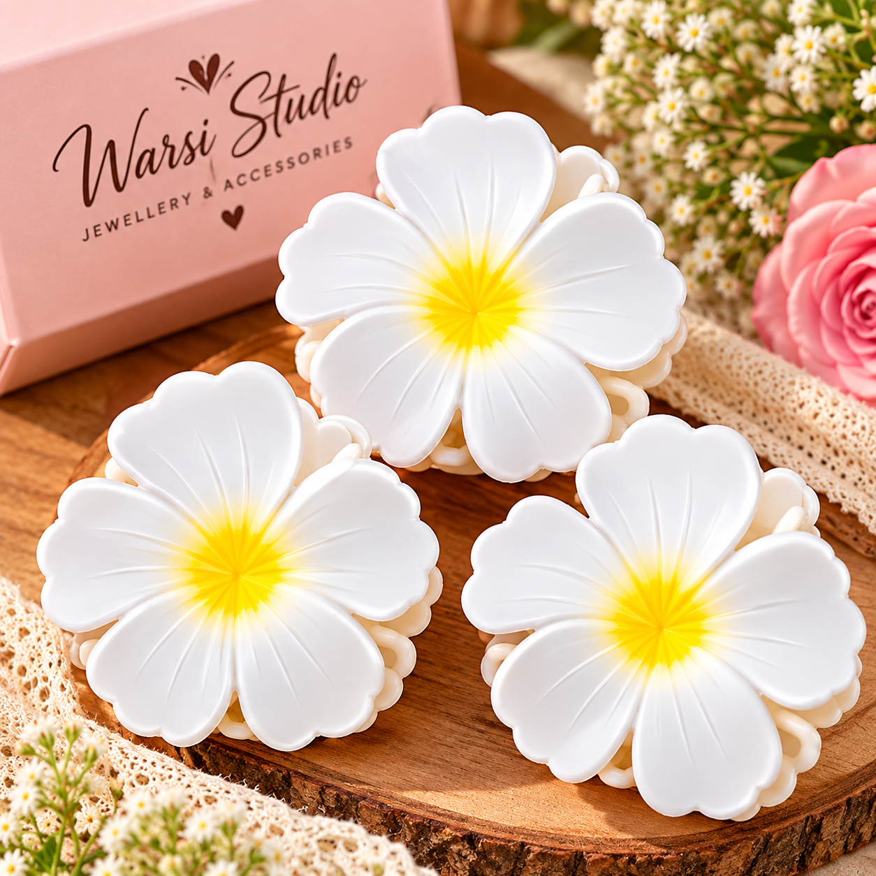 White flower hair claw clips, set of three