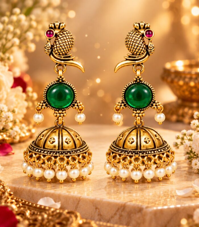 Green and gold peacock-style jhumka earrings with pearl-like drops