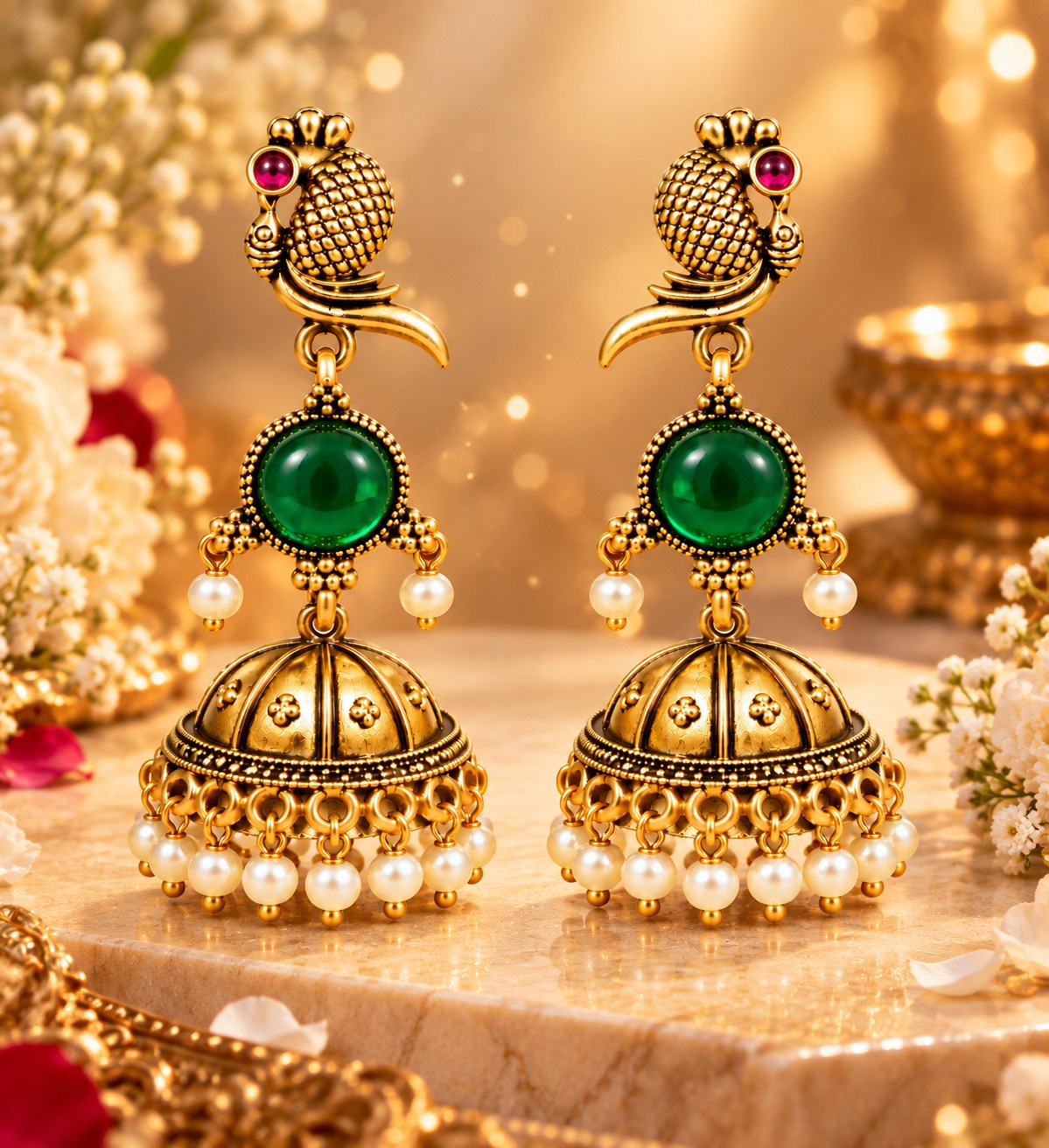 Green and gold peacock jhumka earrings