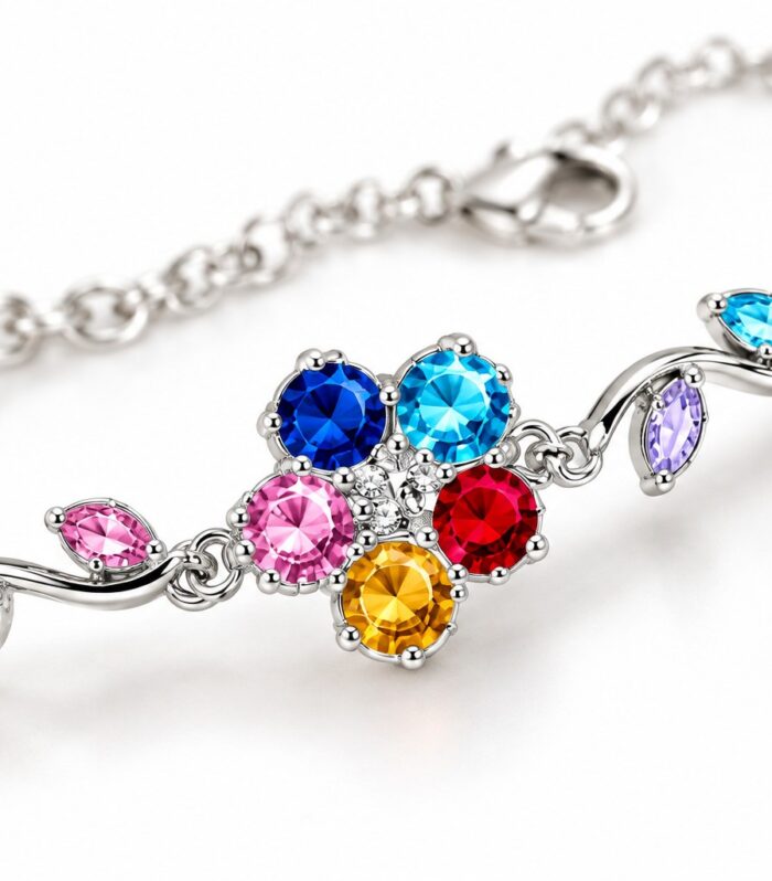 Silver-tone multicolor bracelet with a faceted colorful stone cluster and jewel-toned accents